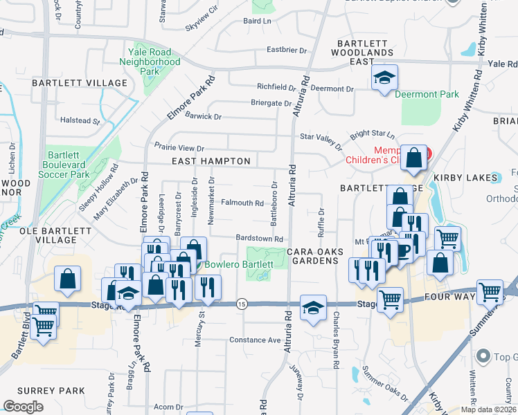 map of restaurants, bars, coffee shops, grocery stores, and more near 6401 Falmouth Road in Bartlett