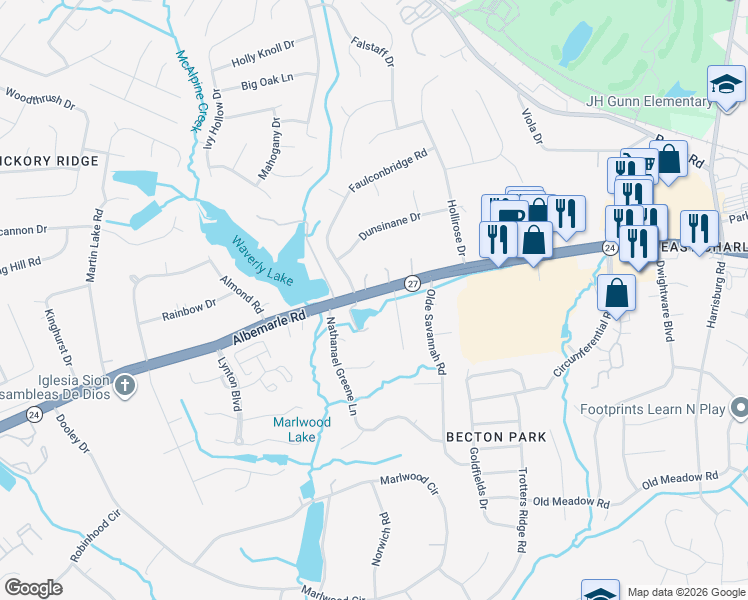 map of restaurants, bars, coffee shops, grocery stores, and more near 8410 Albemarle Road in Charlotte
