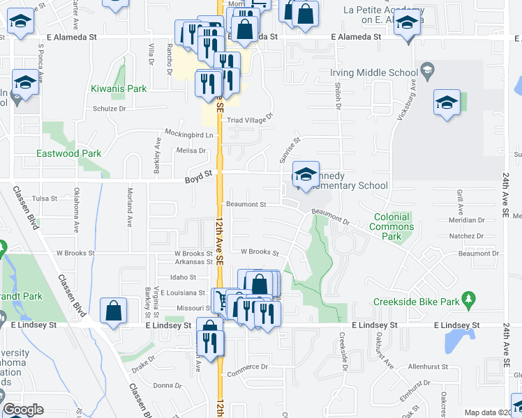 map of restaurants, bars, coffee shops, grocery stores, and more near 1320 Beaumont Street in Norman