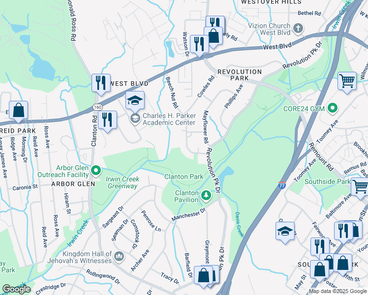 map of restaurants, bars, coffee shops, grocery stores, and more near 2928 Beech Nut Road in Charlotte