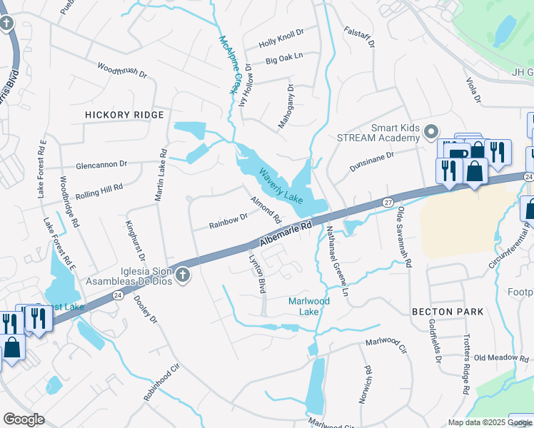 map of restaurants, bars, coffee shops, grocery stores, and more near 5821 Almond Rd in Charlotte
