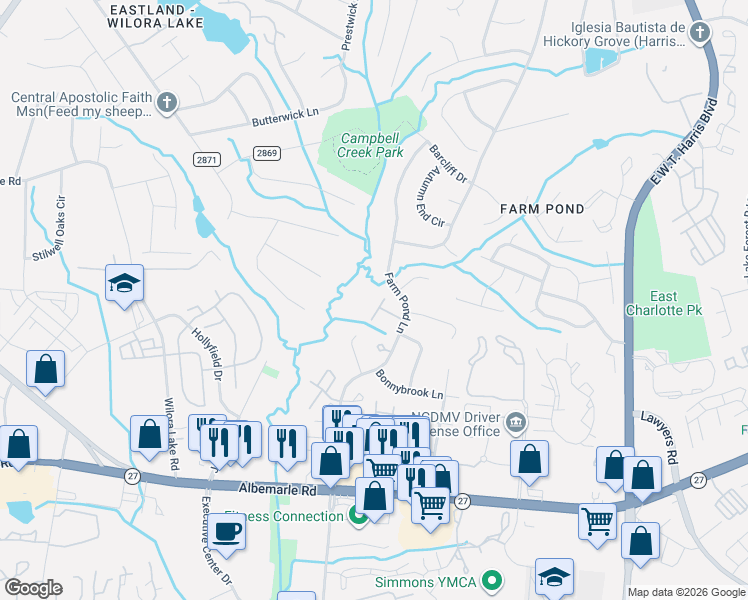 map of restaurants, bars, coffee shops, grocery stores, and more near 6153 Bent Tree Court in Charlotte