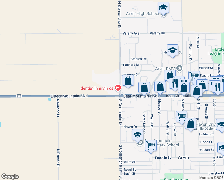 map of restaurants, bars, coffee shops, grocery stores, and more near 14358 Bear Mountain Boulevard in Arvin