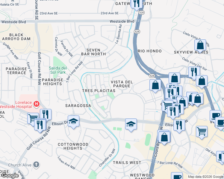 map of restaurants, bars, coffee shops, grocery stores, and more near 10600 Pueblo Place Northwest in Albuquerque