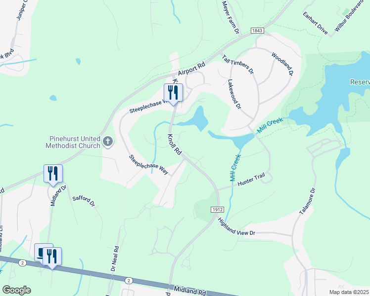 map of restaurants, bars, coffee shops, grocery stores, and more near 227 Knoll Road in Southern Pines