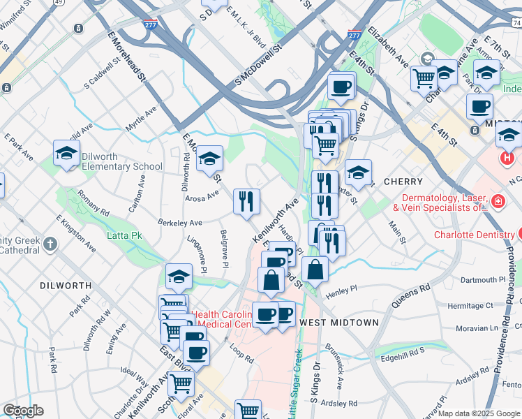map of restaurants, bars, coffee shops, grocery stores, and more near 1218 Harding Place in Charlotte