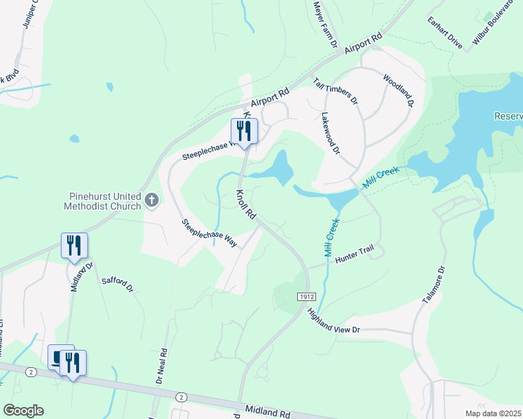 map of restaurants, bars, coffee shops, grocery stores, and more near 227 Knoll Road in Southern Pines