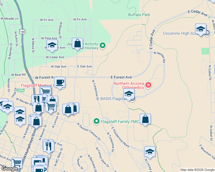 map of restaurants, bars, coffee shops, grocery stores, and more near 1571 North Pine Cliff Drive in Flagstaff