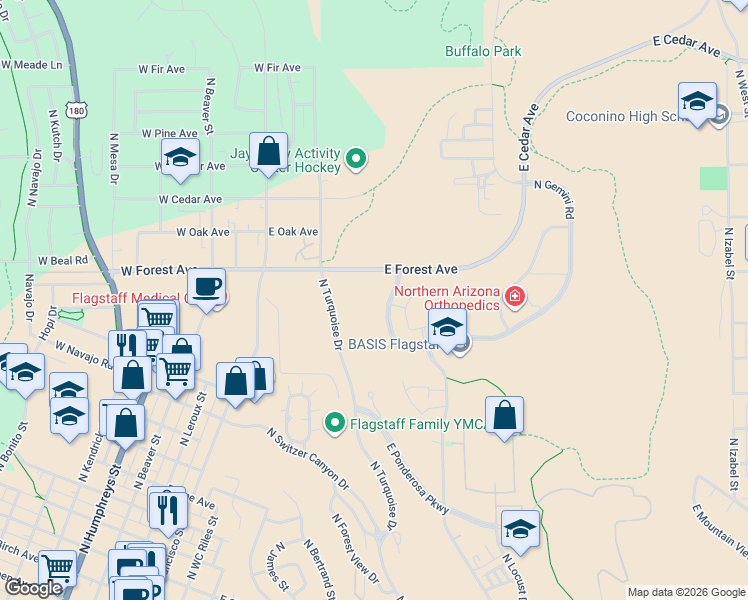 map of restaurants, bars, coffee shops, grocery stores, and more near 1571 North Pine Cliff Drive in Flagstaff