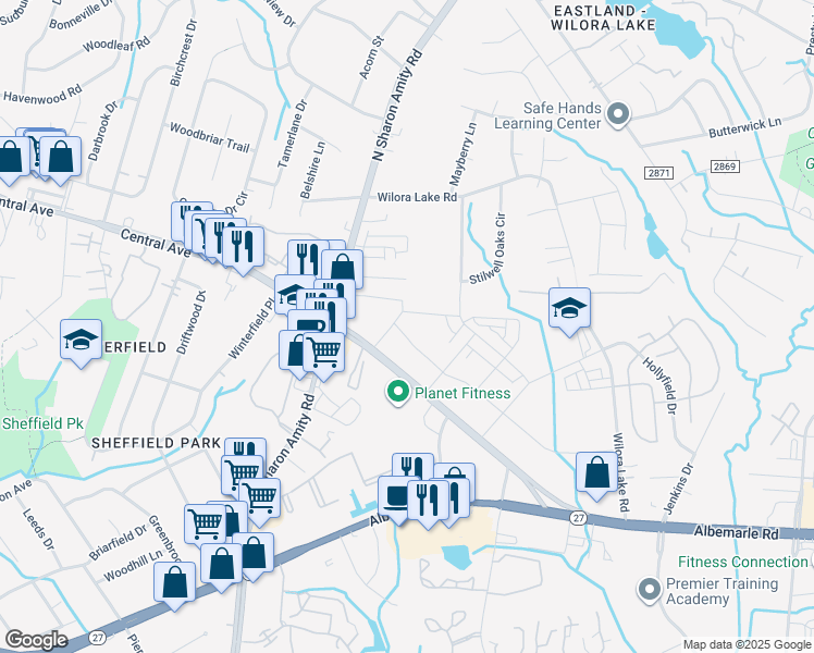 map of restaurants, bars, coffee shops, grocery stores, and more near 5301 Central Avenue in Charlotte
