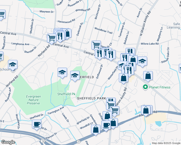 map of restaurants, bars, coffee shops, grocery stores, and more near 3727 Rosehaven Drive in Charlotte