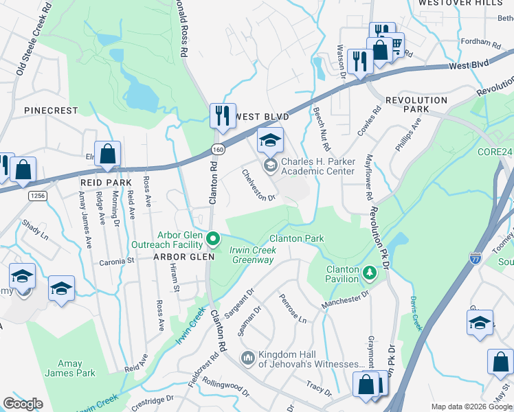 map of restaurants, bars, coffee shops, grocery stores, and more near 1423 Chelveston Drive in Charlotte