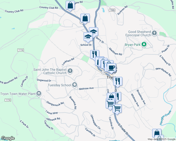 map of restaurants, bars, coffee shops, grocery stores, and more near 75 Lanier Street in Tryon