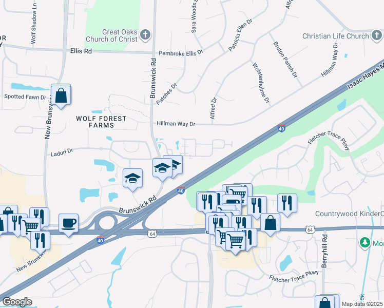 map of restaurants, bars, coffee shops, grocery stores, and more near 8840 Bristol Park Drive in Bartlett