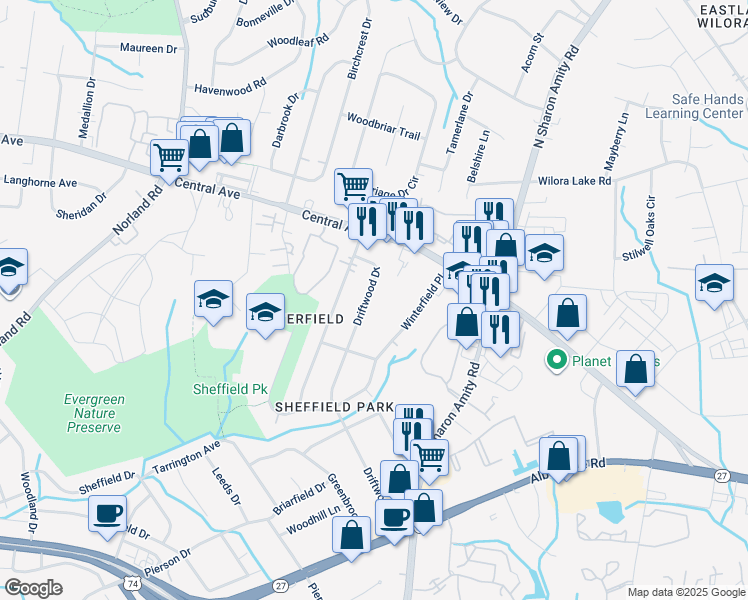map of restaurants, bars, coffee shops, grocery stores, and more near 3714 Driftwood Drive in Charlotte