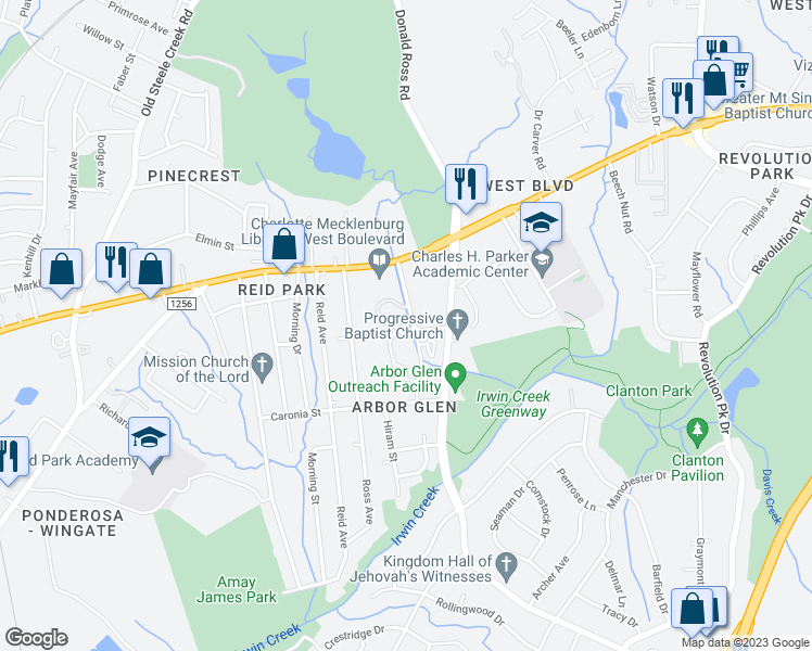 map of restaurants, bars, coffee shops, grocery stores, and more near 2300 Farmer Street in Charlotte
