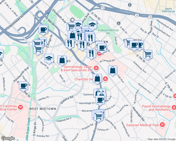 map of restaurants, bars, coffee shops, grocery stores, and more near 108 South Caswell Road in Charlotte
