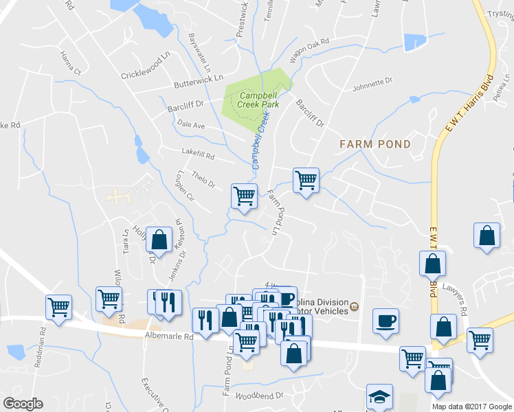 map of restaurants, bars, coffee shops, grocery stores, and more near 6146 Bent Tree Court in Charlotte