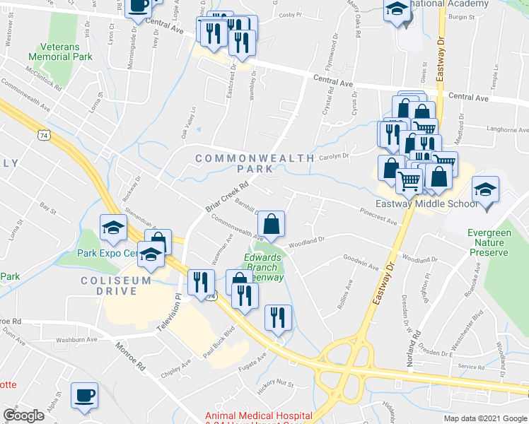 map of restaurants, bars, coffee shops, grocery stores, and more near 3219 Barnhill Drive in Charlotte