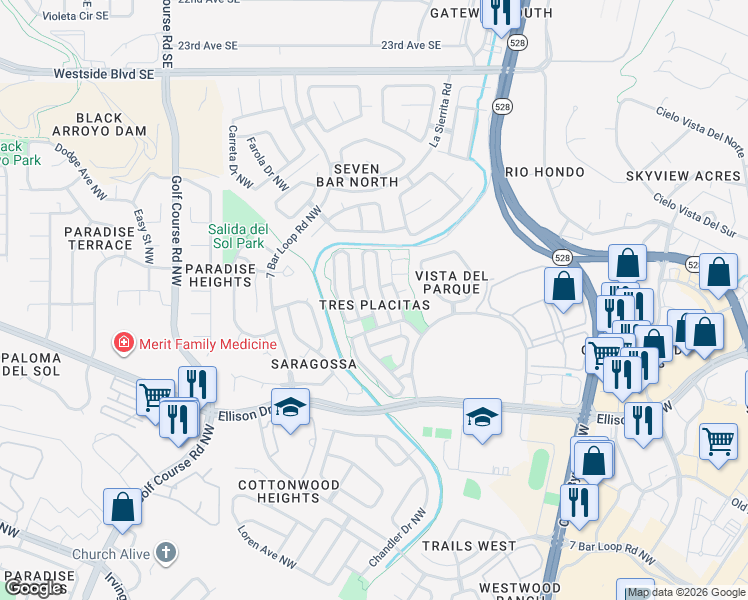 map of restaurants, bars, coffee shops, grocery stores, and more near 10619 Stanley Drive Northwest in Albuquerque