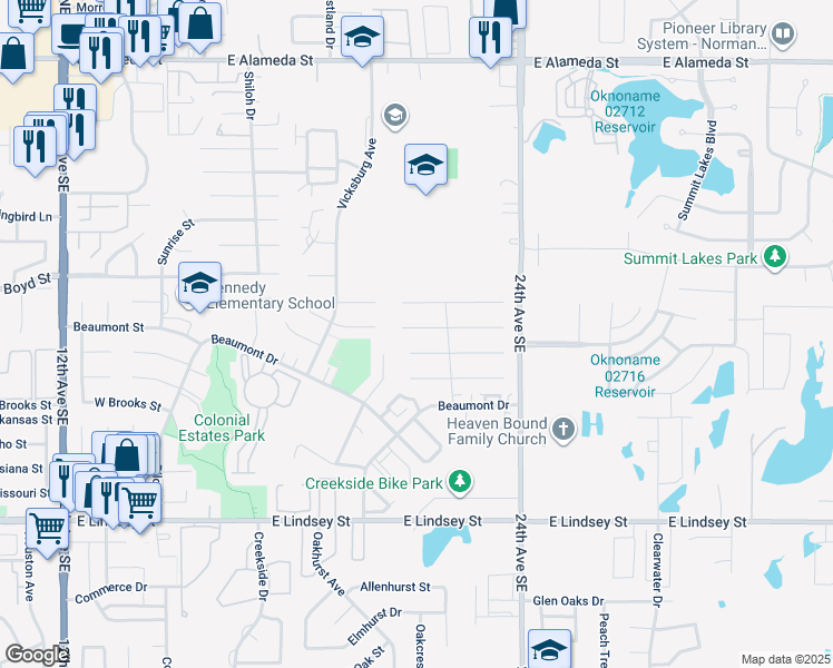 map of restaurants, bars, coffee shops, grocery stores, and more near 2116 Memphis Drive in Norman