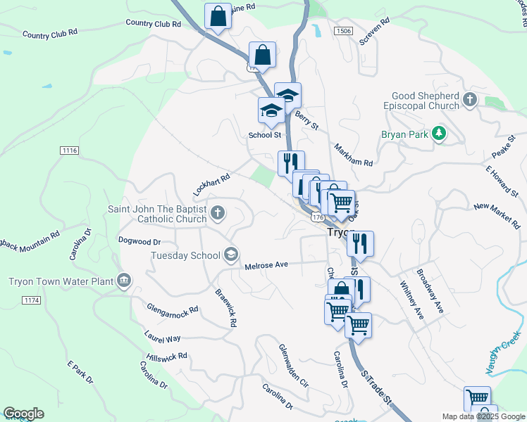map of restaurants, bars, coffee shops, grocery stores, and more near 75 Lanier Street in Tryon