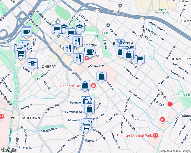 map of restaurants, bars, coffee shops, grocery stores, and more near 1915 Randolph Road in Charlotte
