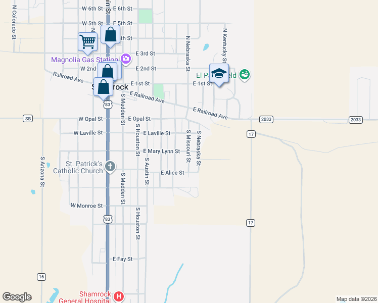 map of restaurants, bars, coffee shops, grocery stores, and more near 700 East Mary Lynn Street in Shamrock