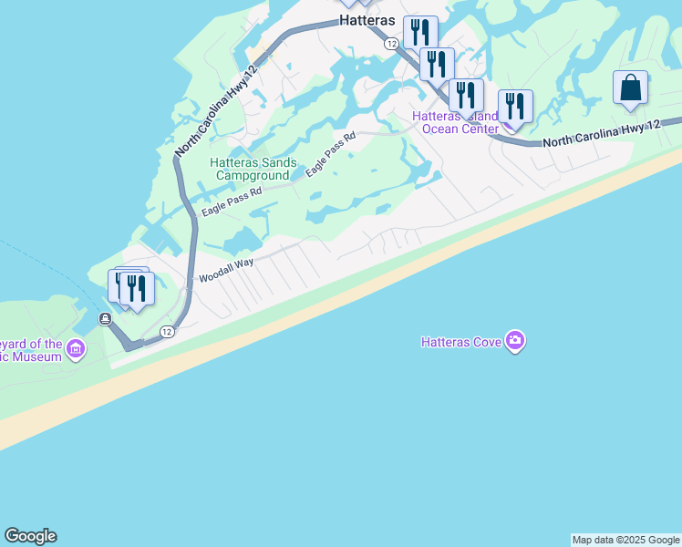 map of restaurants, bars, coffee shops, grocery stores, and more near 57523 Lighthouse Road in Hatteras