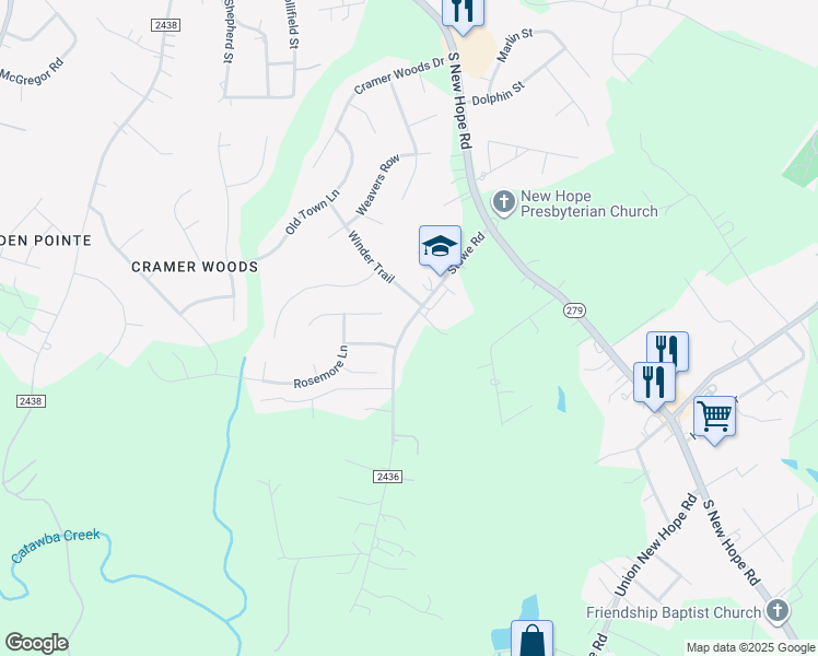 map of restaurants, bars, coffee shops, grocery stores, and more near 160 Stowe Road in Gastonia