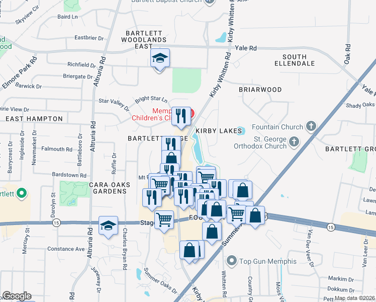 map of restaurants, bars, coffee shops, grocery stores, and more near 3090 Kirby Whitten Road in Memphis