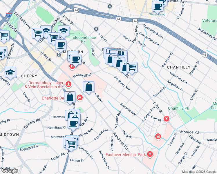 map of restaurants, bars, coffee shops, grocery stores, and more near 2106 East 5th Street in Charlotte