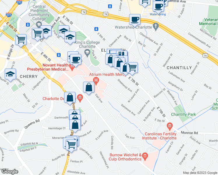 map of restaurants, bars, coffee shops, grocery stores, and more near 2106 East 5th Street in Charlotte