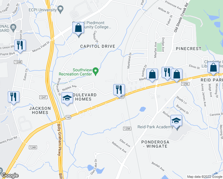 map of restaurants, bars, coffee shops, grocery stores, and more near 3000 Faye Street in Charlotte