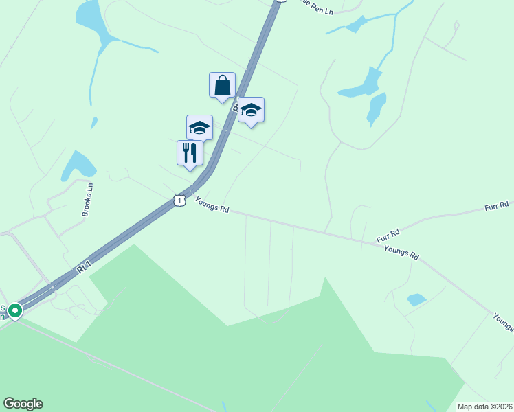 map of restaurants, bars, coffee shops, grocery stores, and more near 231 Youngs Road in Vass