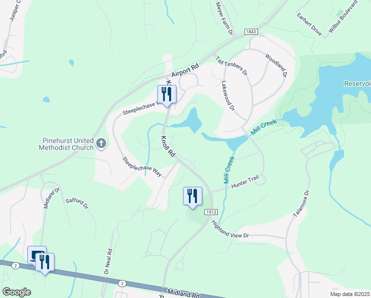 map of restaurants, bars, coffee shops, grocery stores, and more near 253 Knoll Road in Southern Pines