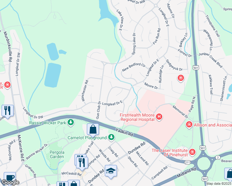 map of restaurants, bars, coffee shops, grocery stores, and more near 5 Danville Ln in Pinehurst