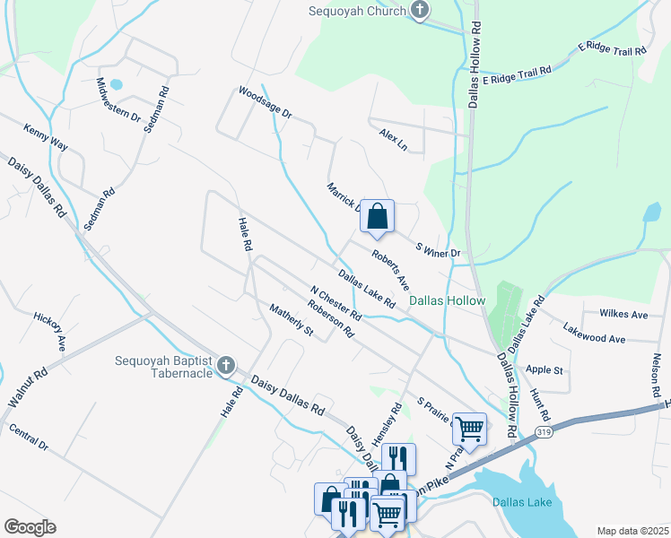 map of restaurants, bars, coffee shops, grocery stores, and more near Dallas Lake Road in Hamilton County