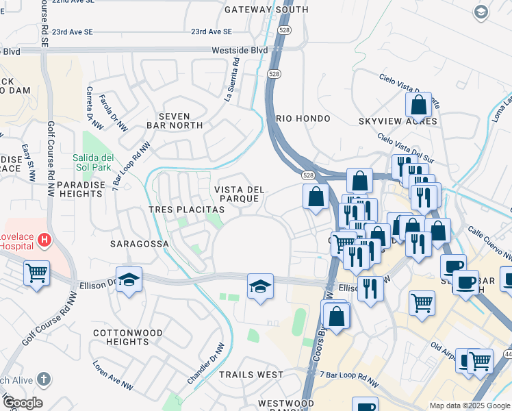 map of restaurants, bars, coffee shops, grocery stores, and more near 10720 Galaxia Park Drive Northwest in Albuquerque
