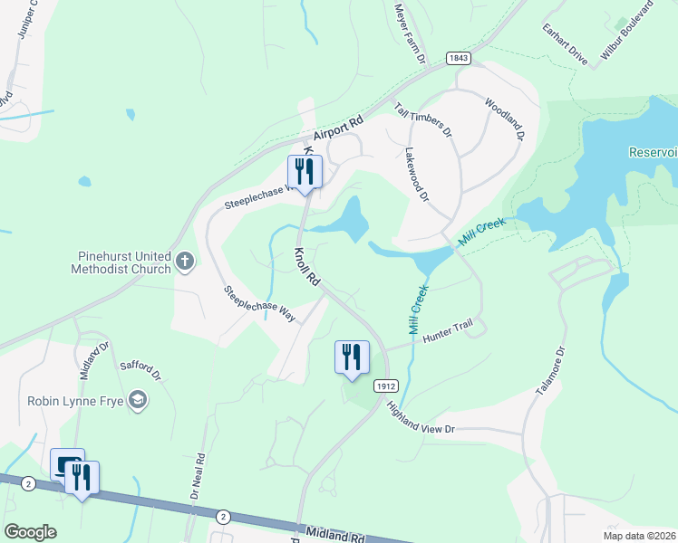 map of restaurants, bars, coffee shops, grocery stores, and more near 253 Knoll Road in Southern Pines
