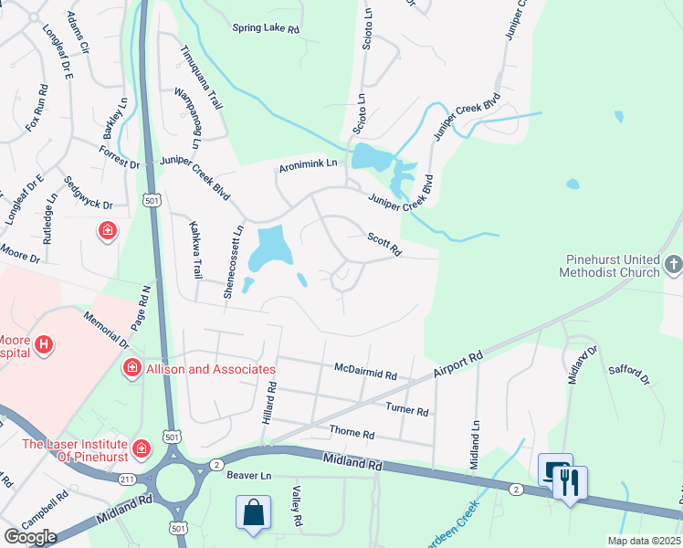 map of restaurants, bars, coffee shops, grocery stores, and more near 90 Barton Hills Court in Pinehurst