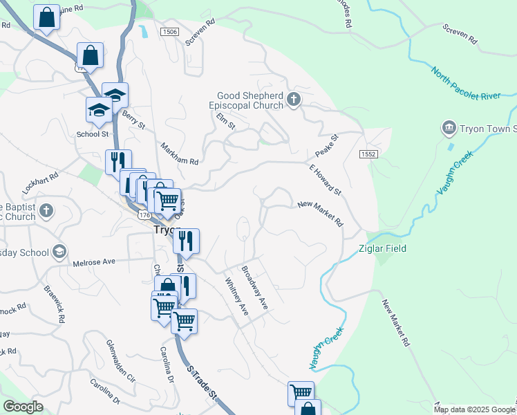 map of restaurants, bars, coffee shops, grocery stores, and more near 69 Woodland Road in Tryon