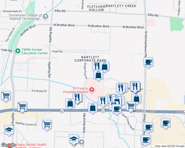 map of restaurants, bars, coffee shops, grocery stores, and more near 7850 Stage Hills Boulevard in Bartlett