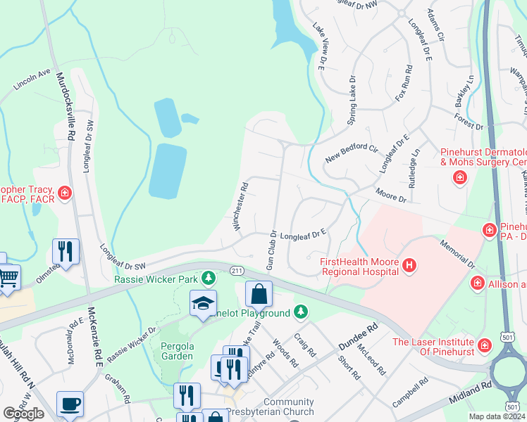 map of restaurants, bars, coffee shops, grocery stores, and more near 10 Lassiter Lane in Pinehurst