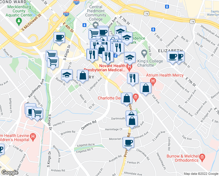 map of restaurants, bars, coffee shops, grocery stores, and more near 259 Queens Road in Charlotte