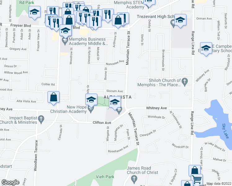 map of restaurants, bars, coffee shops, grocery stores, and more near 2323 Slocum Ave in Memphis