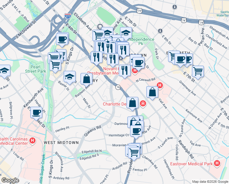 map of restaurants, bars, coffee shops, grocery stores, and more near 239 Queens Road in Charlotte