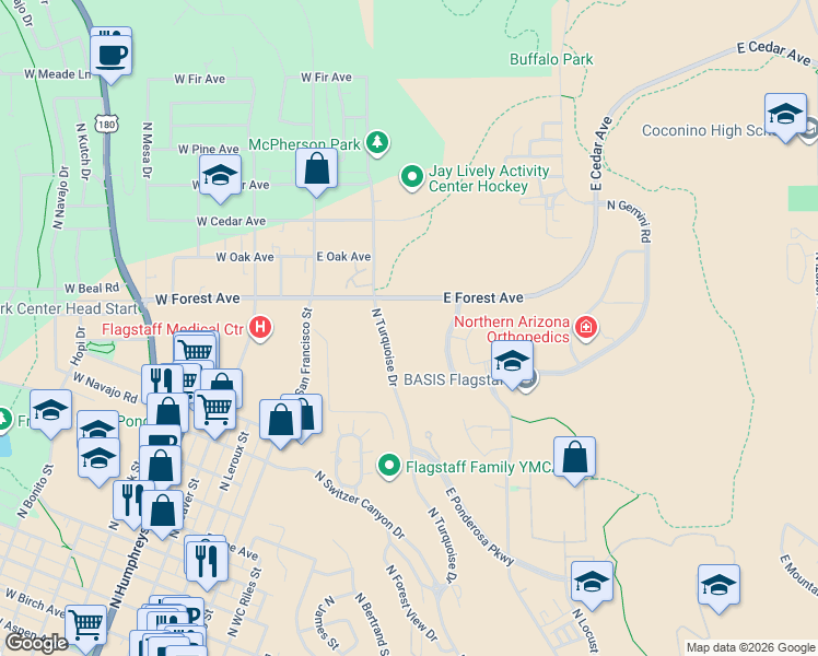 map of restaurants, bars, coffee shops, grocery stores, and more near 1100-1398 North Turquoise Drive in Flagstaff
