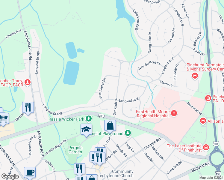 map of restaurants, bars, coffee shops, grocery stores, and more near 10 Lassiter Lane in Pinehurst