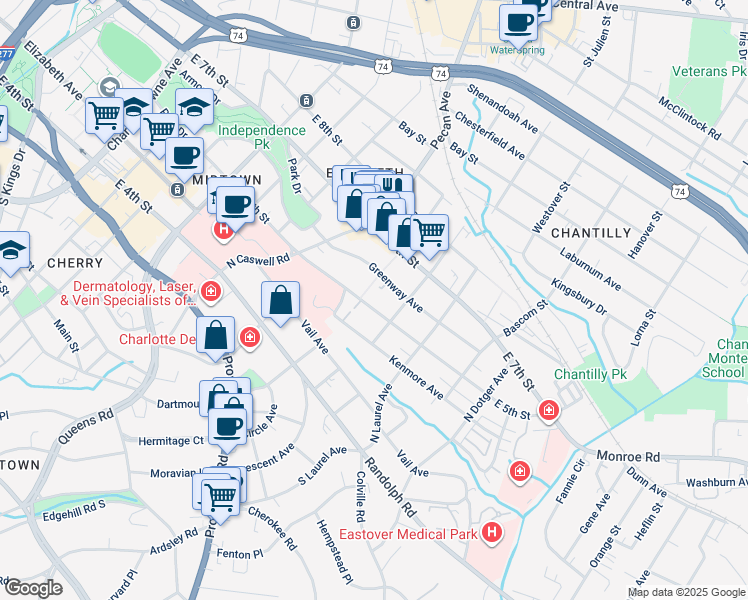 map of restaurants, bars, coffee shops, grocery stores, and more near 2124 East 5th Street in Charlotte